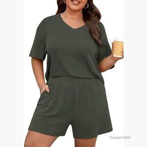 Plus Size Ribbed Short Set with Pockets, 2-Piece Summer Outfit